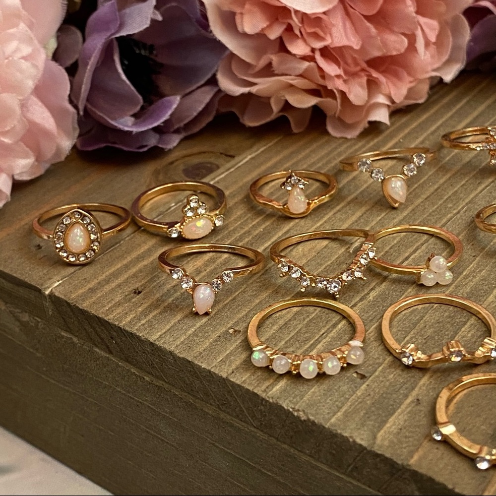 16 Pcs Boho Gypsy Gold, Crystal & Opal Ring Set - Picture 9 of 14